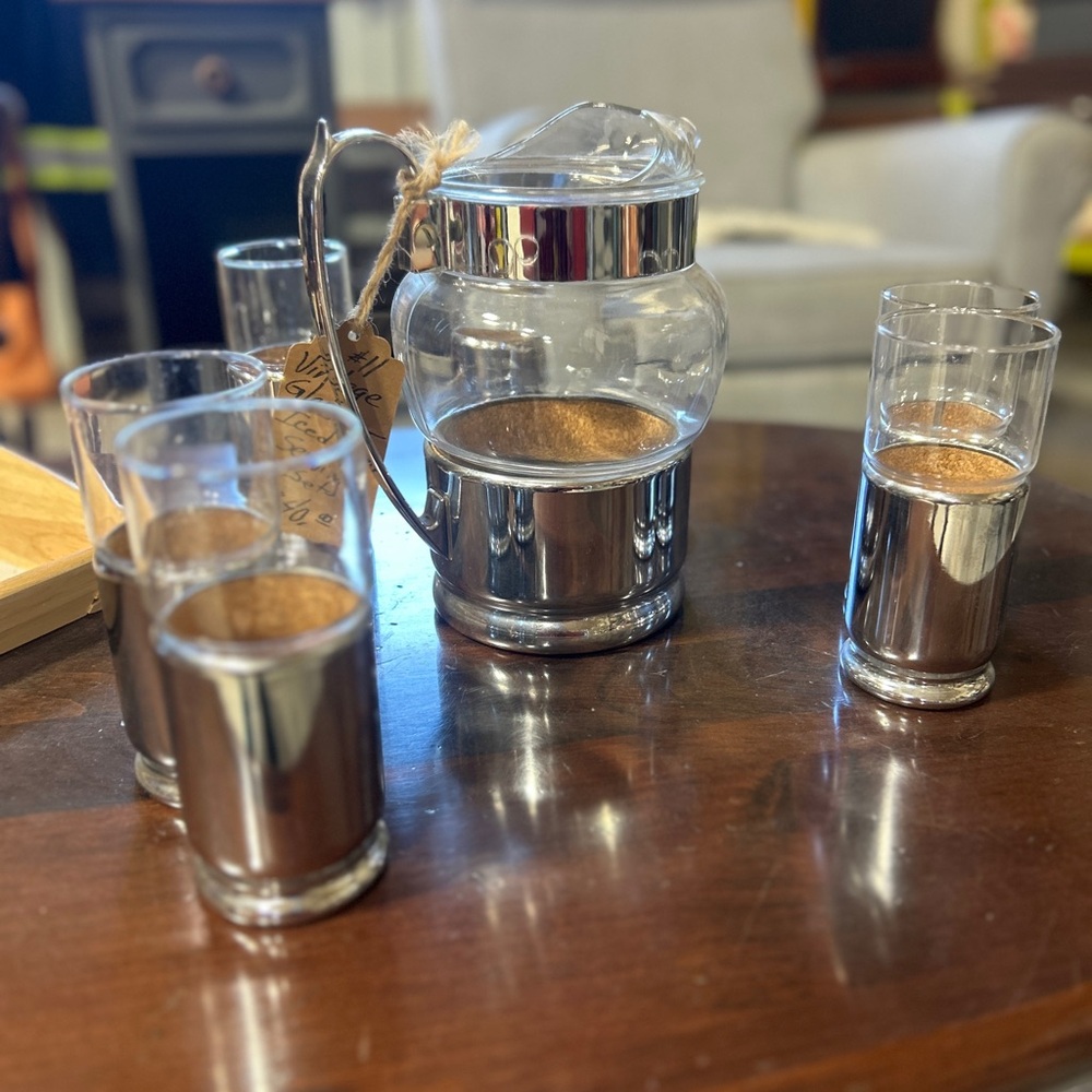 Vintage Mid Century Modern Hellerware Chrome & Cork Insulated Pitcher & Glasses